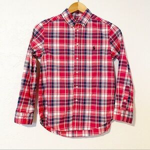 POLO RALPH LAUREN Boys Button-Up Tartan Shirt Red Natural Stretch Size‎ M 10-12